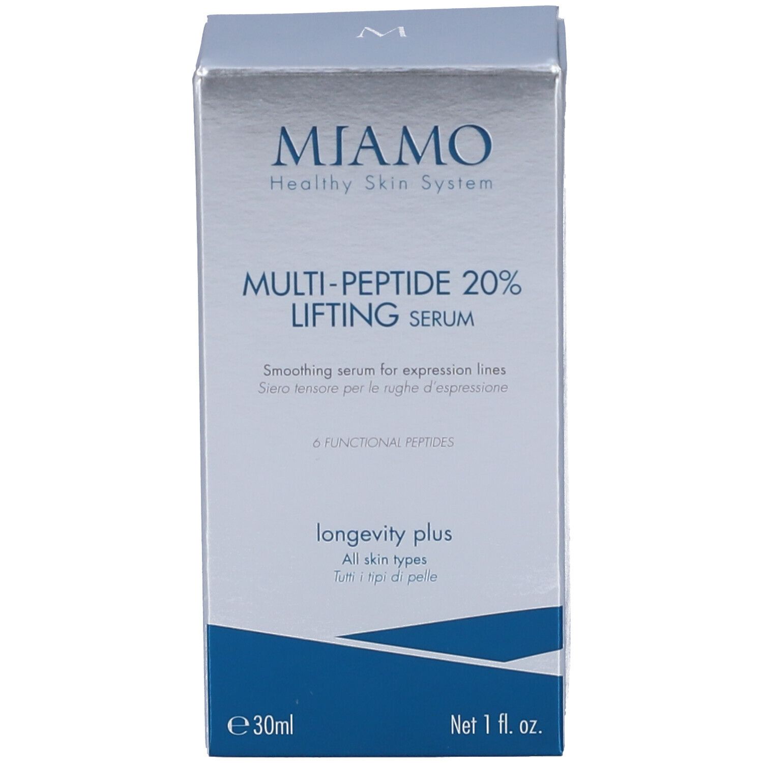Confezione del prodotto. Scritta: Miamo, Multi-Peptide 20% Lifting Serum.