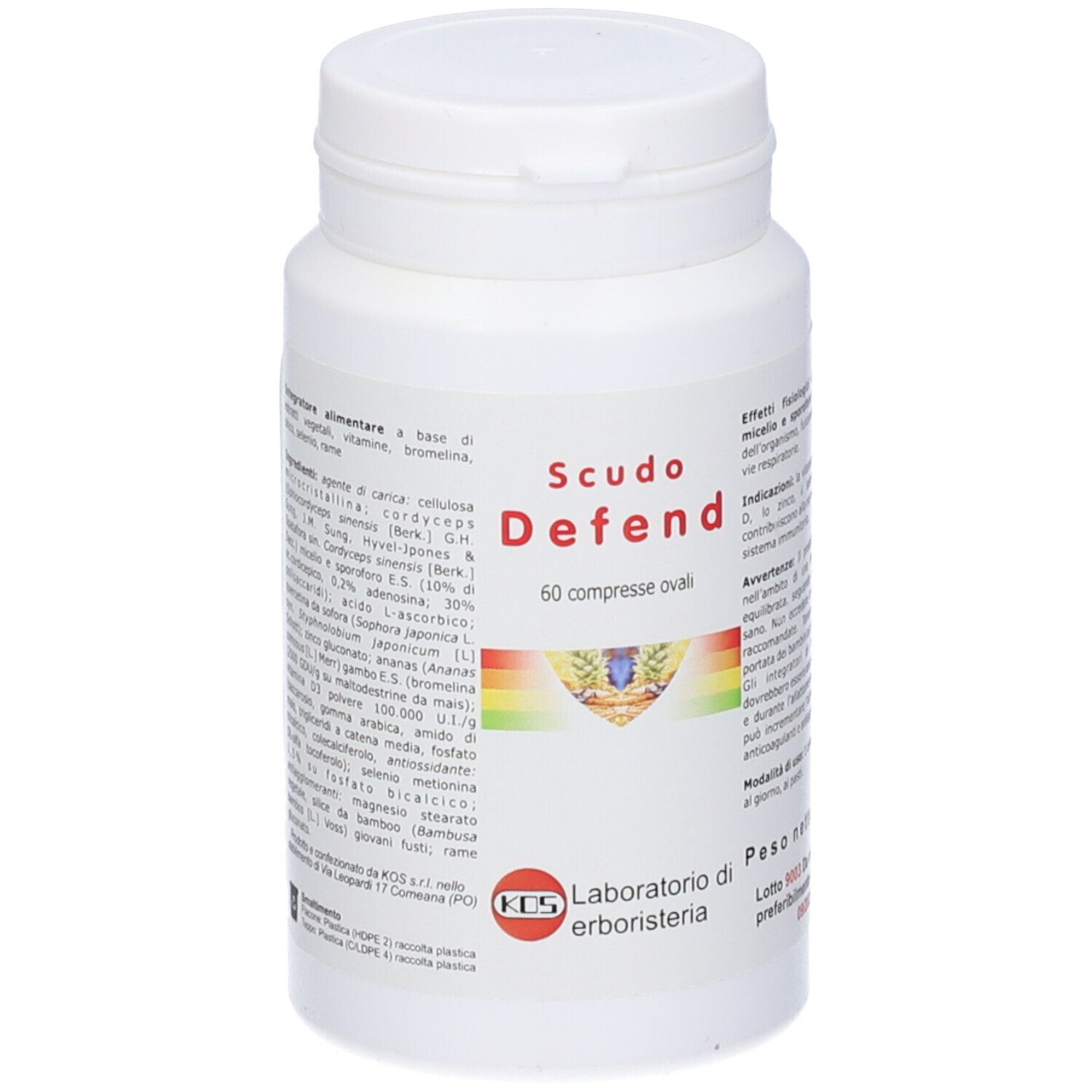Flacone bianco KOS Scudo Defend Compresse. Scritto: Scudo Defend, 60 compresse ovali. Logo KOS. Ingredienti.