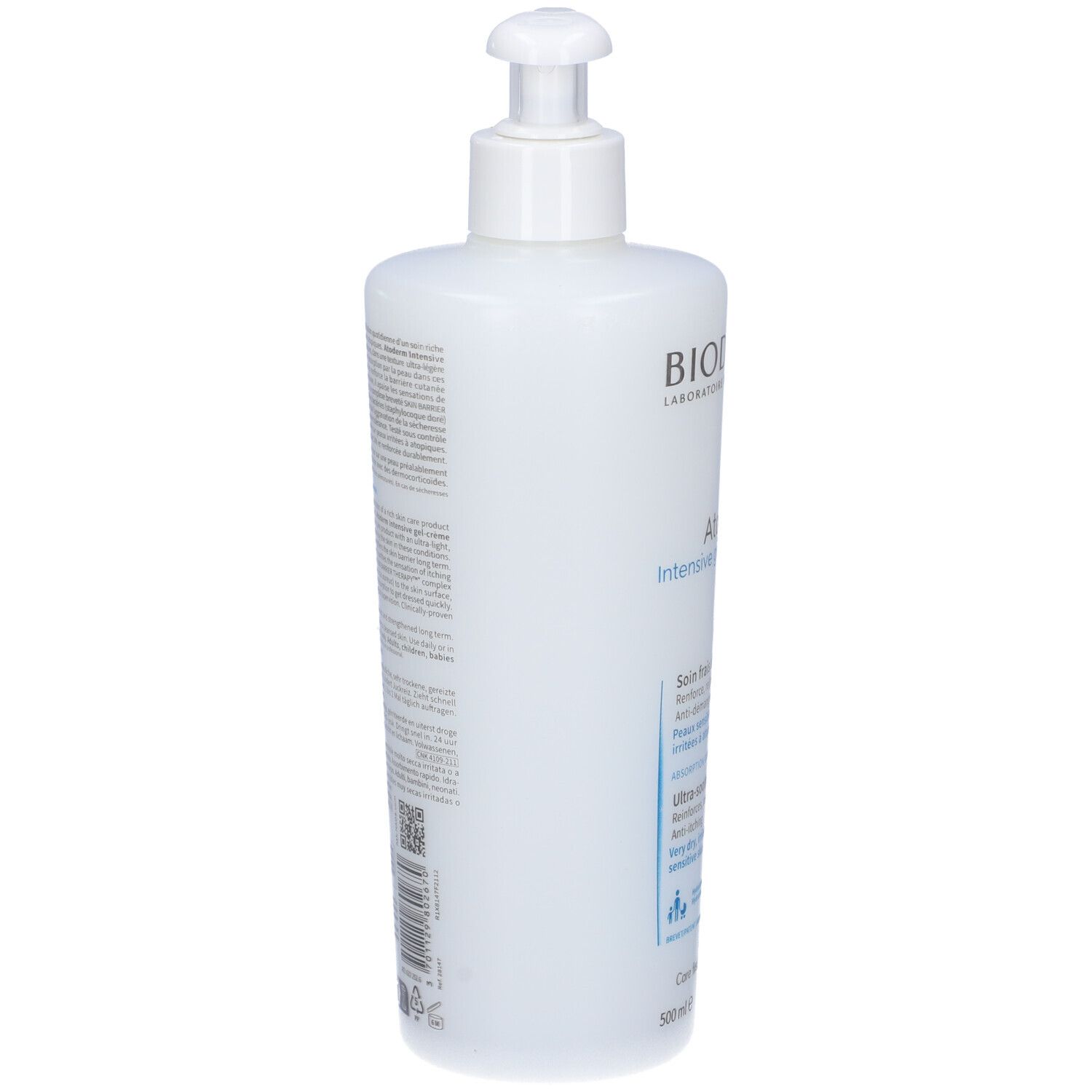 Flacone bianco con dosatore. Retro con testo. Scritta: BIODERMA, Atoderm Intensive gel-crème. Contiene informazioni sul prodotto.