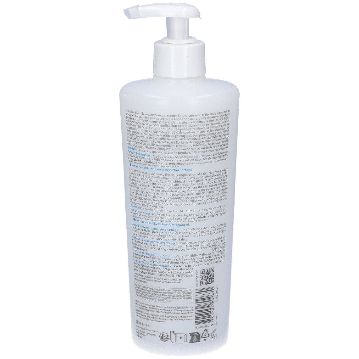 Flacone bianco con dosatore. Retro con testo. Scritta: BIODERMA, Atoderm Intensive gel-crème. Contiene informazioni sul prodotto.