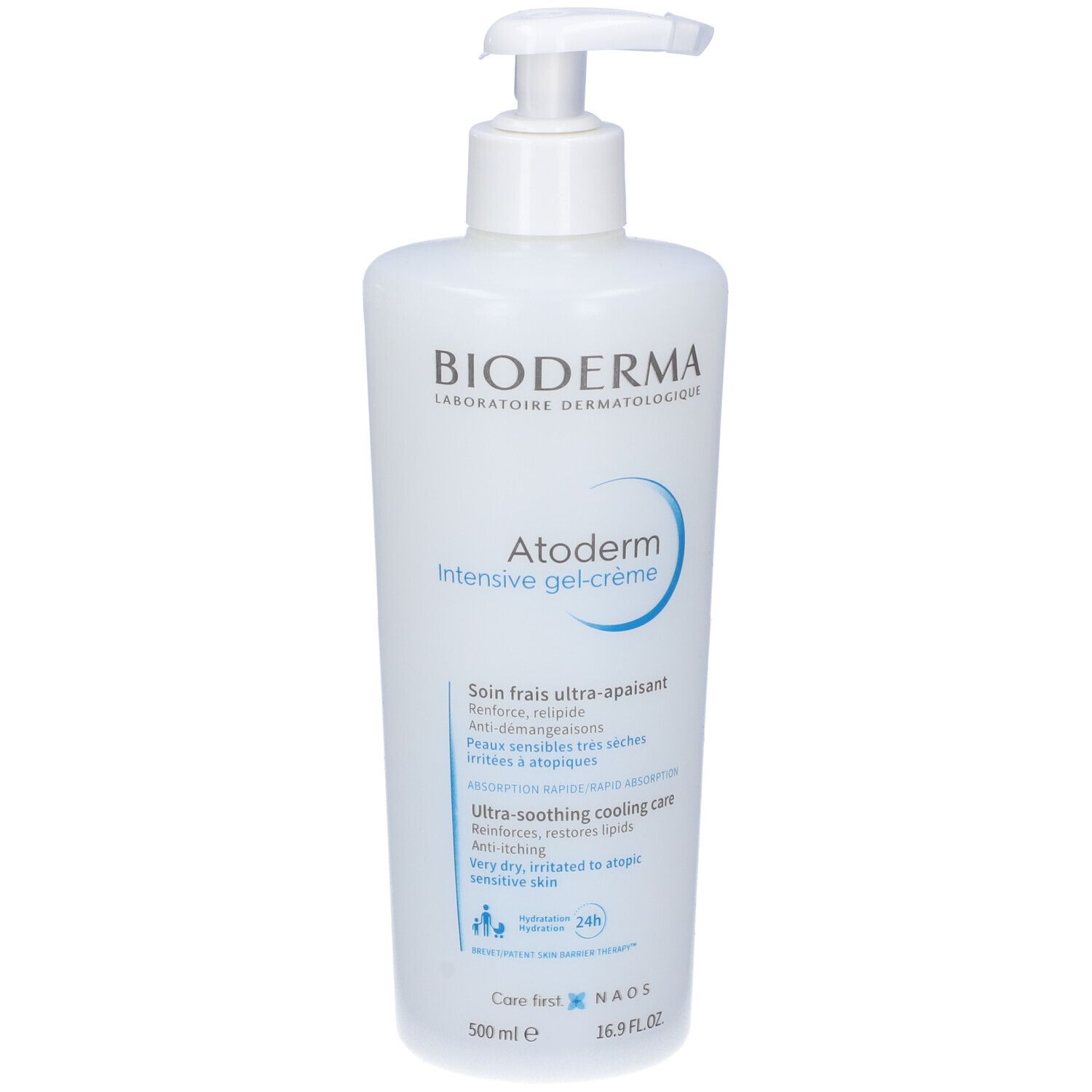 Flacone bianco con dosatore. Scritta: BIODERMA, Atoderm Intensive gel-crème. Testo: Cura ultra-lenitiva, per pelli molto secche, a tendenza atopica.