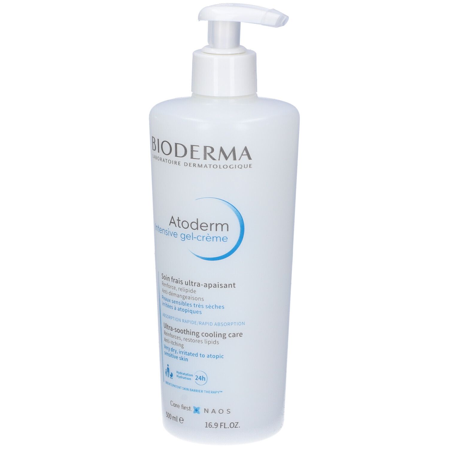 Flacone bianco con dosatore. Scritta: BIODERMA, Atoderm Intensive gel-crème. Testo: Cura ultra-lenitiva, per pelli molto secche, a tendenza atopica.