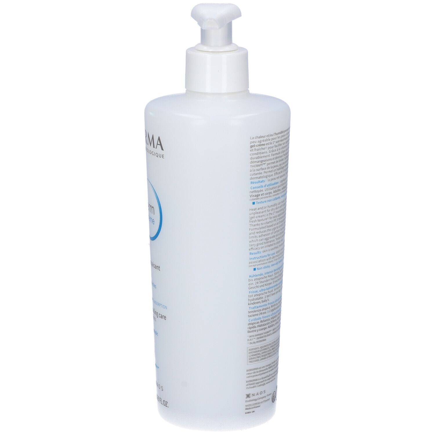 Flacone bianco con dosatore. Retro con testo. Scritta: BIODERMA, Atoderm Intensive gel-crème. Contiene informazioni sul prodotto.