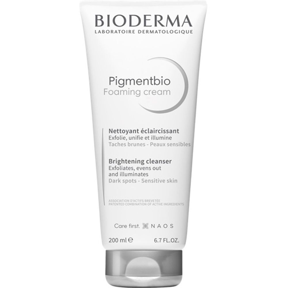 Tubo bianco BIODERMA Pigmentbio Foaming cream. Scritte in francese e inglese. Tappo grigio.