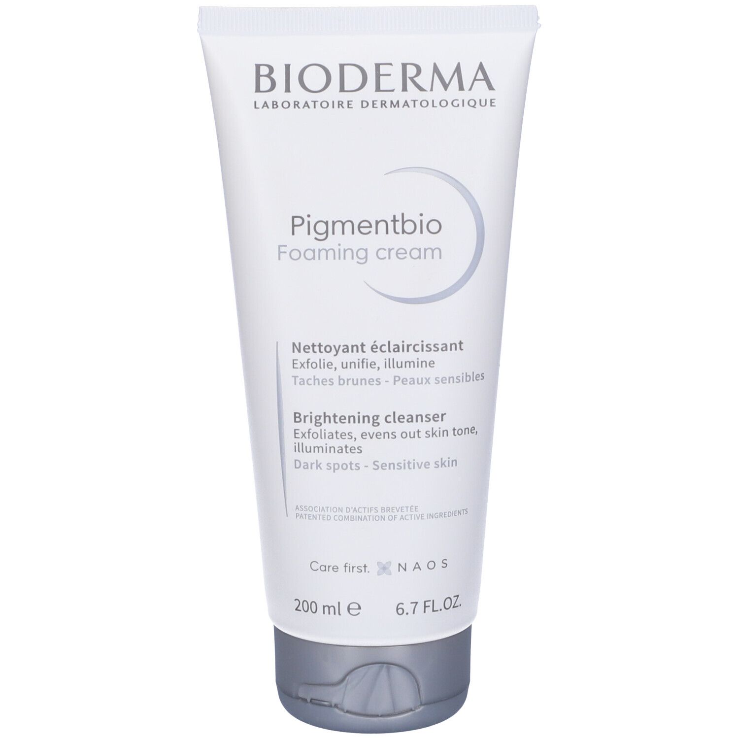 Tubo bianco BIODERMA Pigmentbio Foaming cream. Scritte in francese e inglese. Tappo grigio.