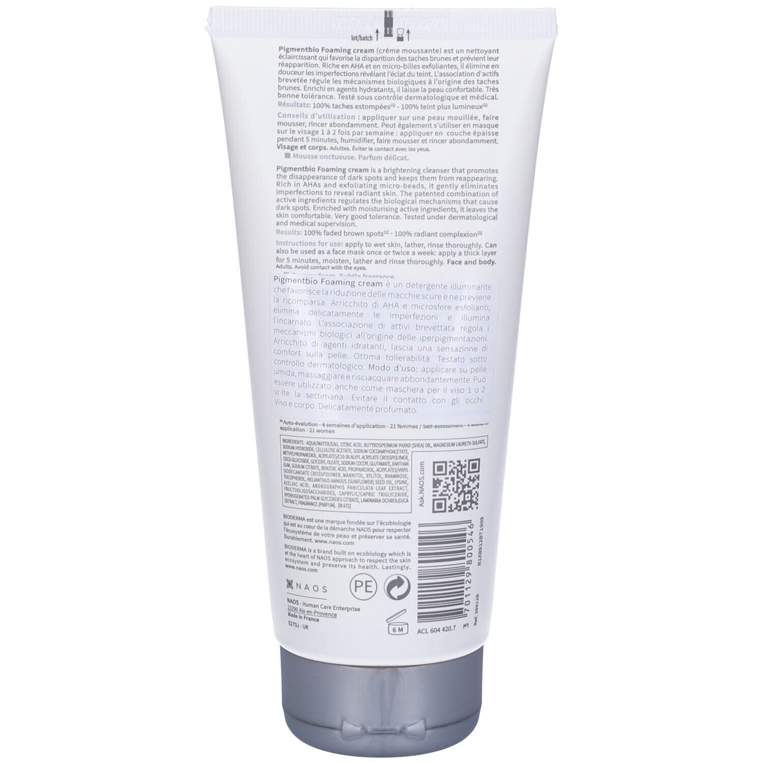 Retro del tubo BIODERMA Pigmentbio Foaming cream. Testo multilingue, codice QR e loghi.