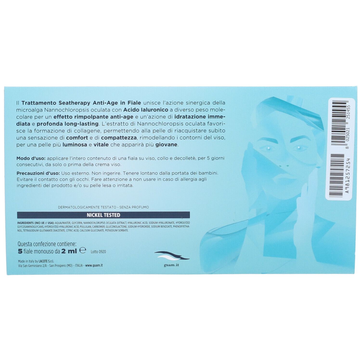 Retro della confezione. Testo e informazioni sul prodotto. Nickel tested. 5 monodose da 2 ml.