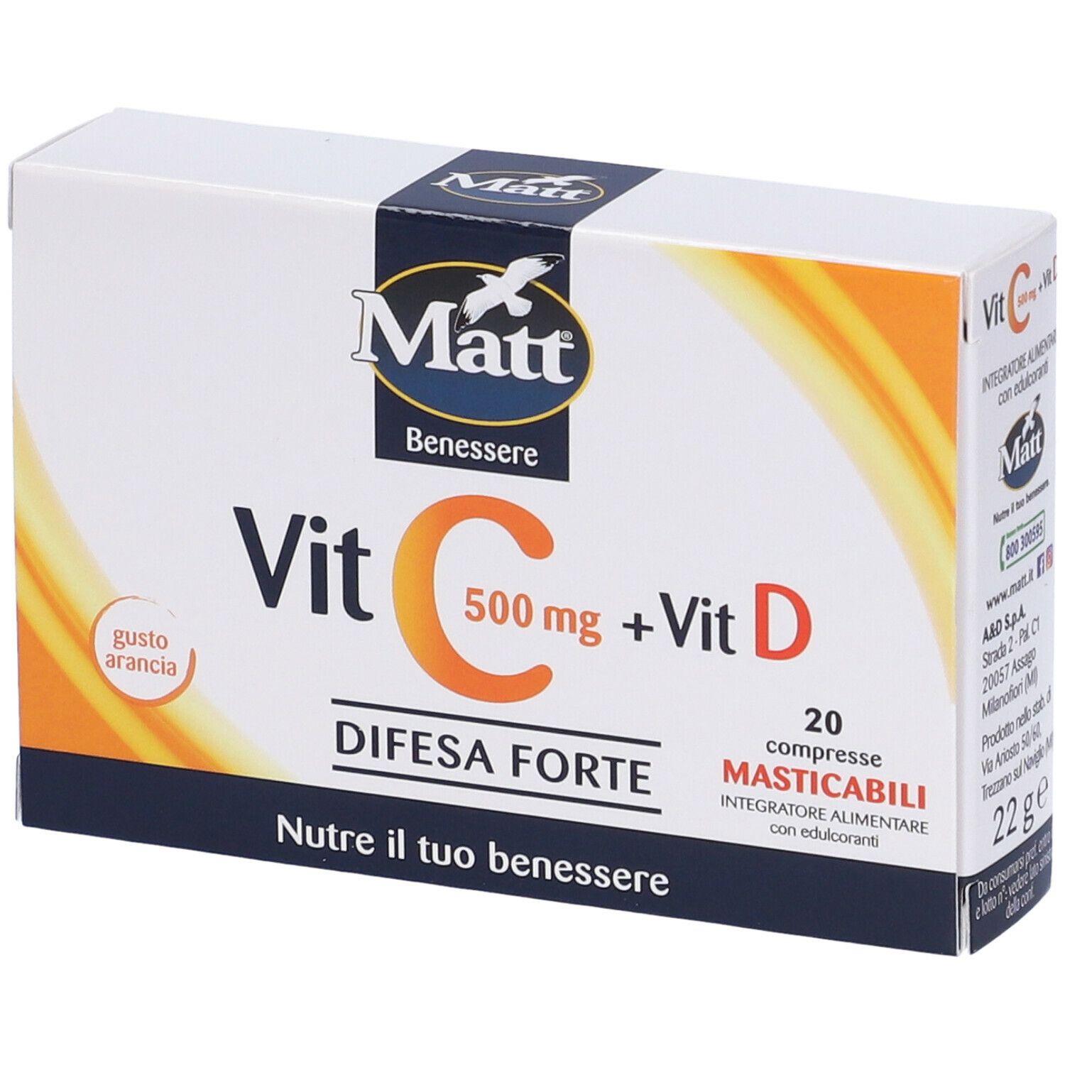 Confezione di MATT Vitamina C 500. Contiene 20 compresse masticabili. Scritta: Vit C 500 mg + Vit D, Difesa Forte.