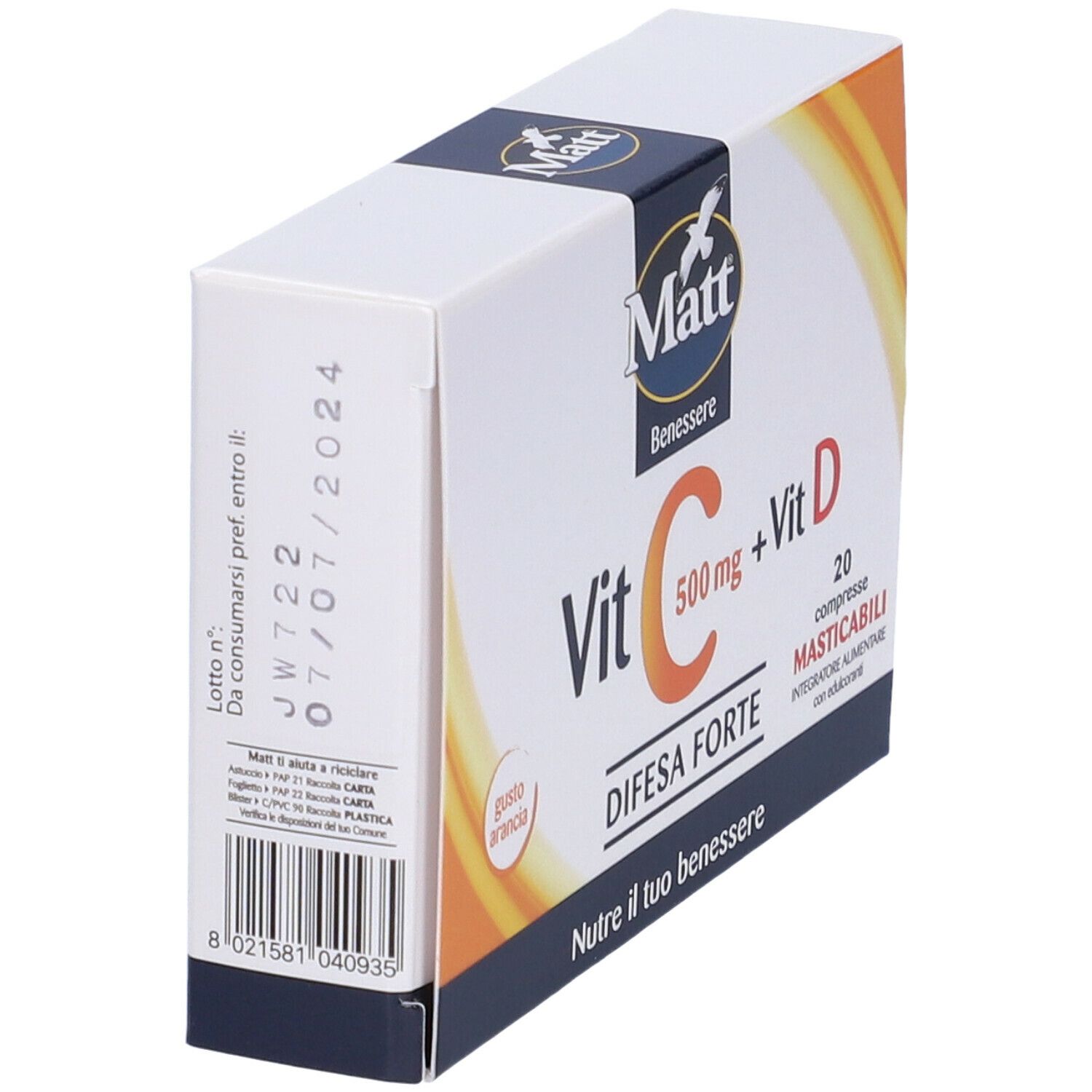Confezione di MATT Vitamina C 500, vista laterale con data di scadenza. Scritta: Vit C 500 mg + Vit D, Difesa Forte.