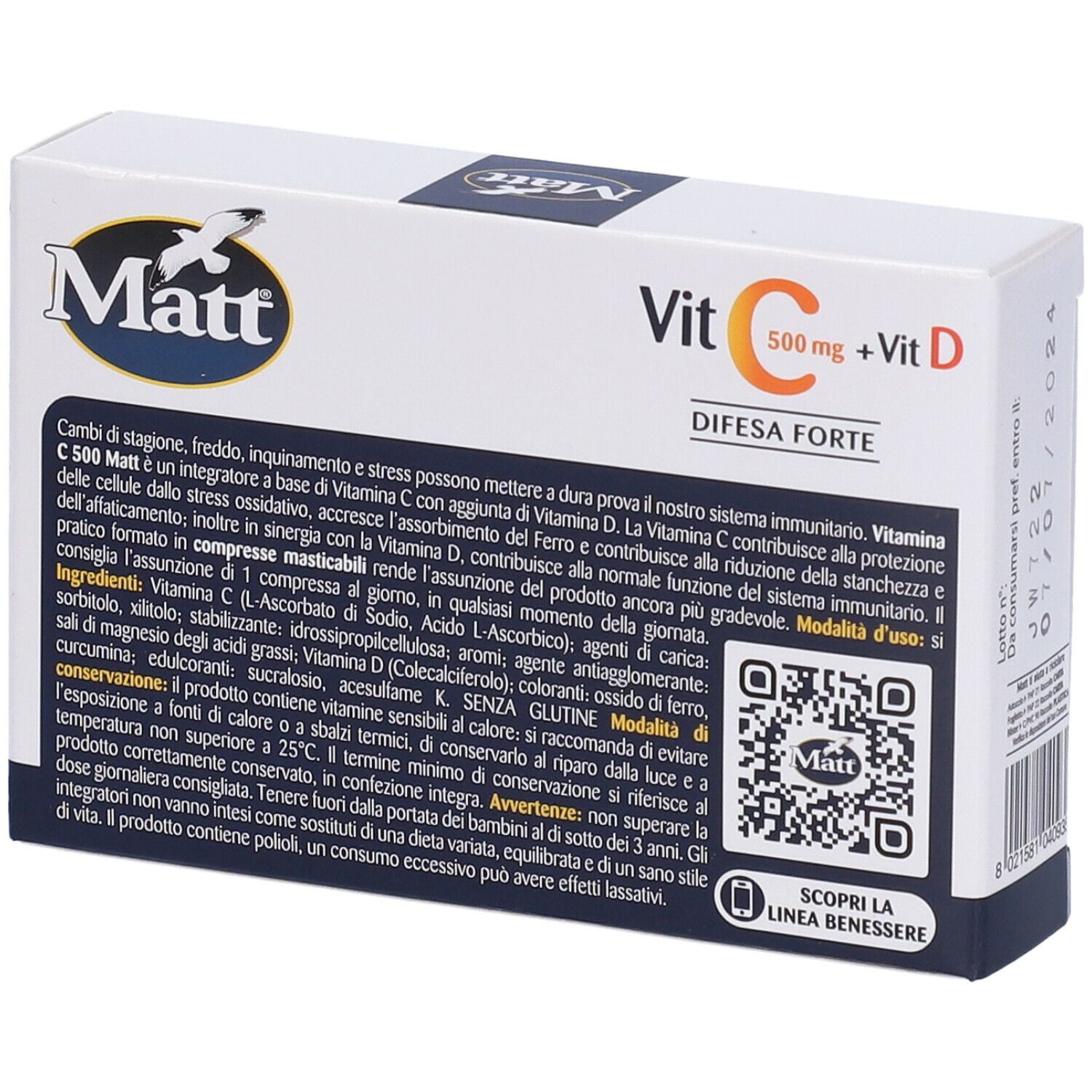 Retro della confezione di MATT Vitamina C 500. Informazioni testuali e codice QR. Scritta: Vit C 500 mg + Vit D, Difesa Forte.