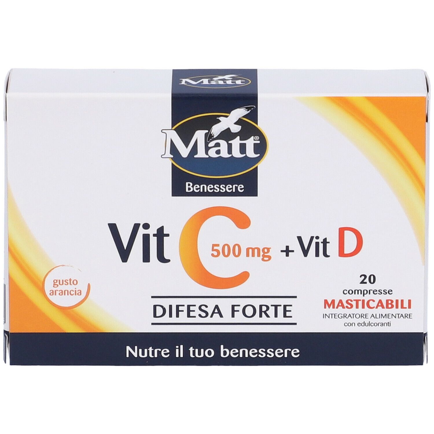 Confezione di MATT Vitamina C 500, vista frontale. Scritta: Vit C 500 mg + Vit D, Difesa Forte. 20 compresse masticabili.