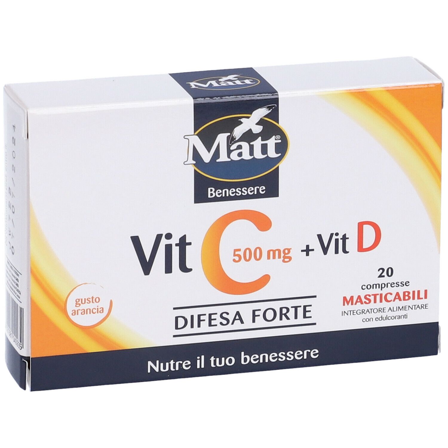 Confezione di MATT Vitamina C 500, vista frontale. Scritta: Vit C 500 mg + Vit D, Difesa Forte. 20 compresse masticabili.