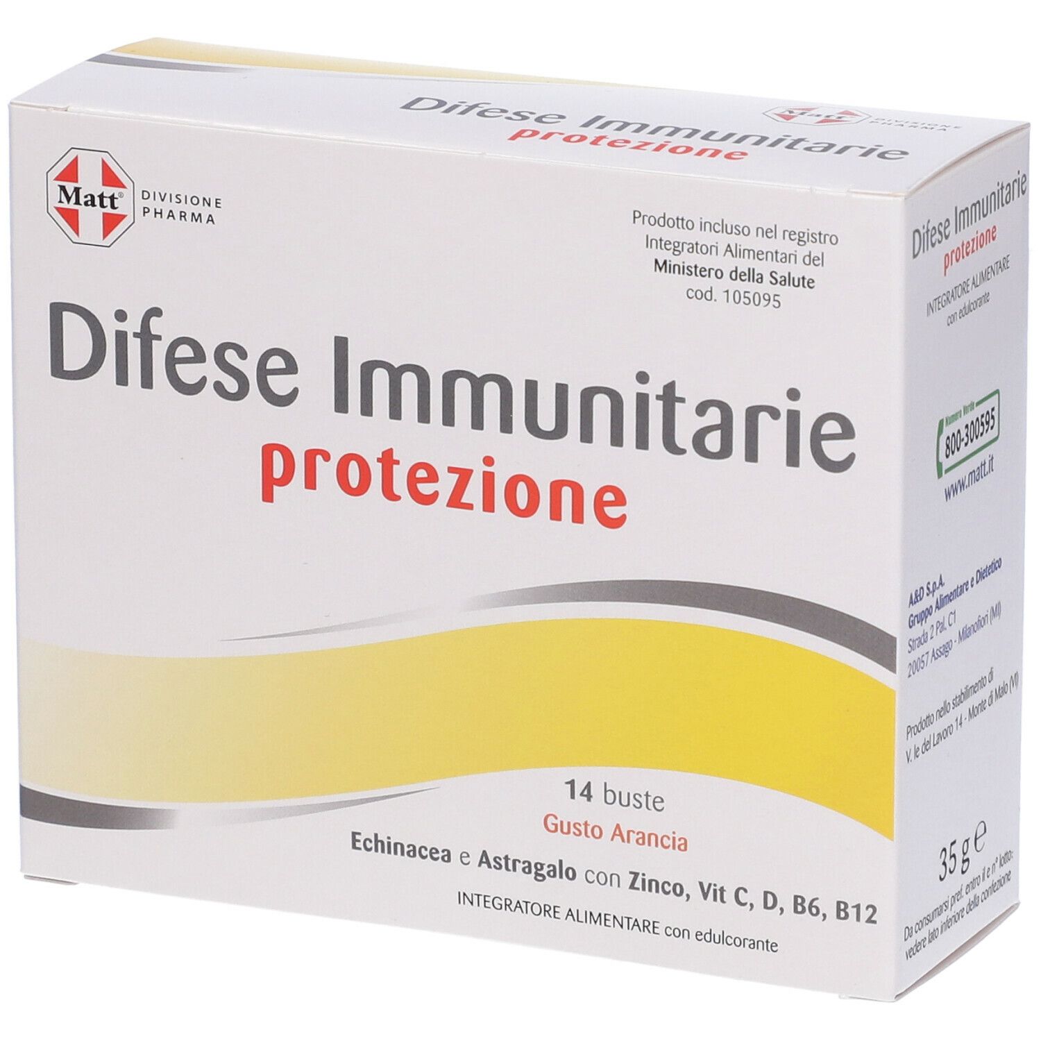 Scatola di MATT Difese Immunitarie. Confezione bianca con nome e logo del prodotto. Contiene 14 bustine, gusto arancia.