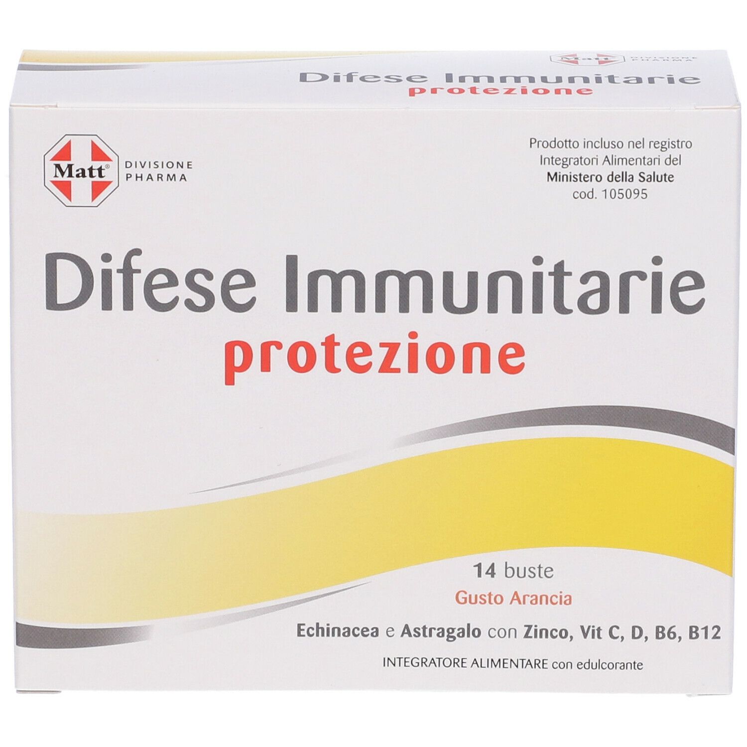 Scatola MATT Difese Immunitarie. Confezione bianca con nome e logo del prodotto. Contiene 14 bustine, gusto arancia.