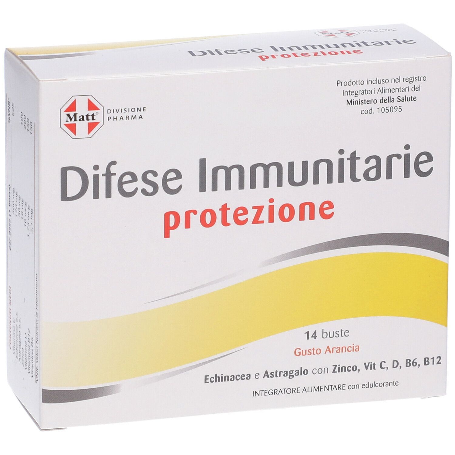 Scatola MATT Difese Immunitarie. Confezione bianca con nome e logo del prodotto. Contiene 14 bustine, gusto arancia.