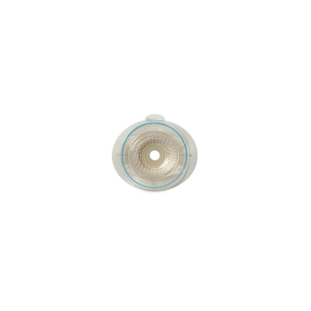 Dispositivo medico. Placca base beige rotonda con apertura centrale. Anello blu attorno all'apertura. Vista dall'alto.