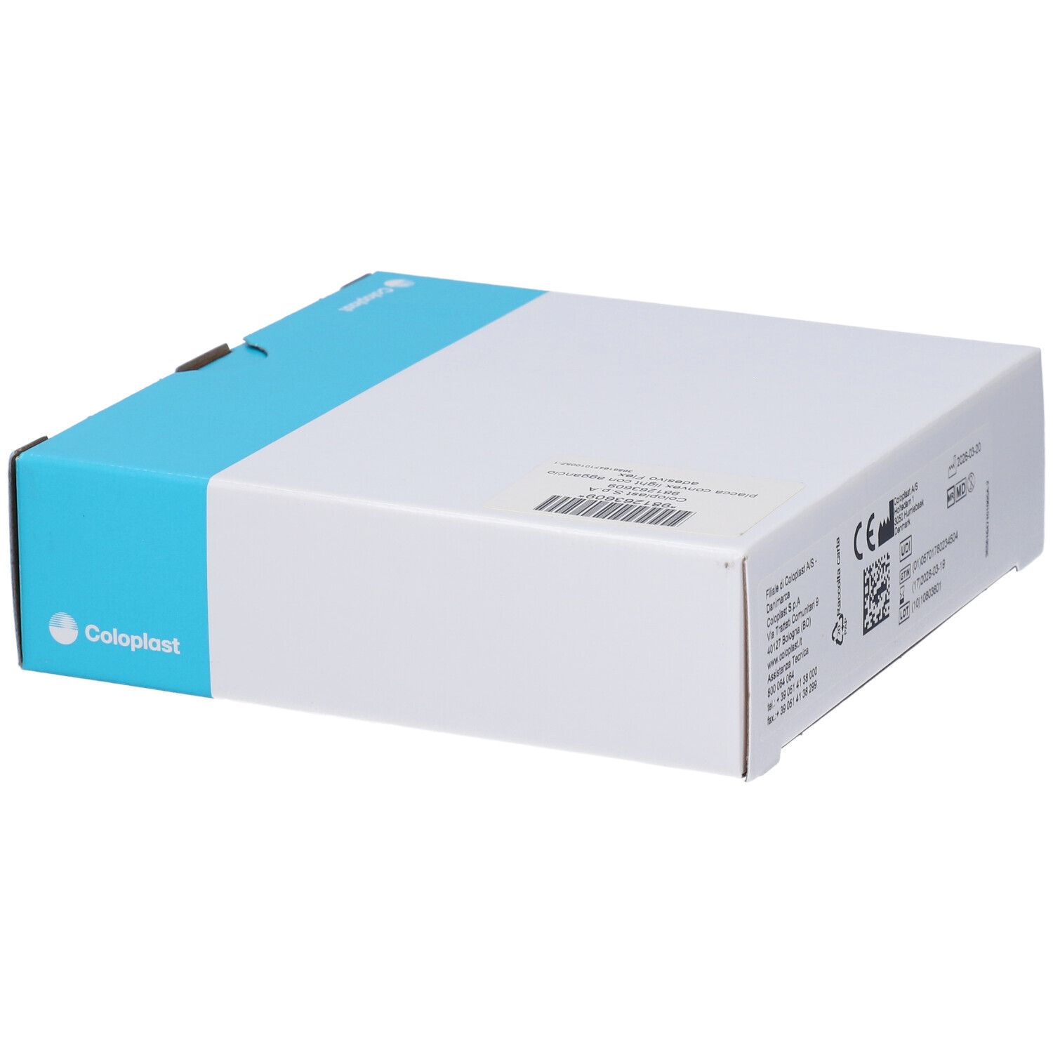 Coloplast Produktverpackung, weiß mit blauem Akzent und Logo.
