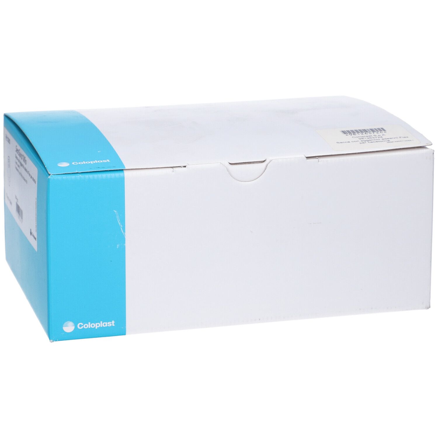Scatola bianca con fascia blu. Logo Coloplast in basso a sinistra. Informazioni sul prodotto sul lato.