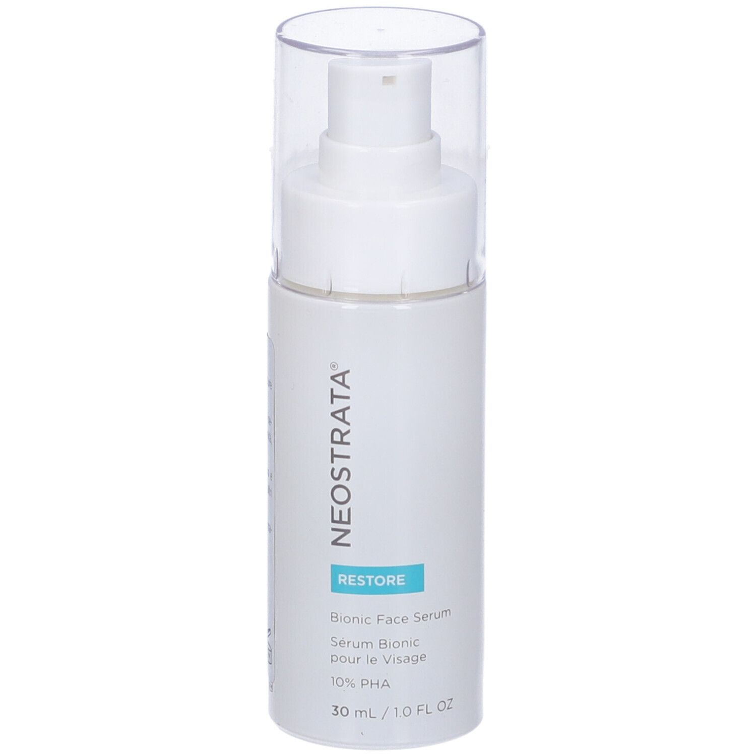 Flacone bianco con pompa e tappo trasparente. Scritta: NeoStrata, Restore, Bionic Face Serum, 10% PHA, 30 ml/1.0 FL OZ.