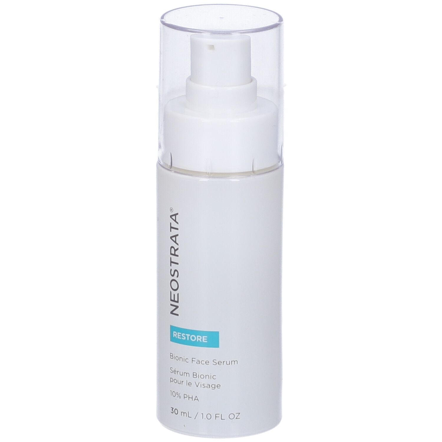 Flacone bianco con pompa e tappo trasparente. Scritta: NeoStrata, Restore, Bionic Face Serum, 10% PHA, 30 ml/1.0 FL OZ.