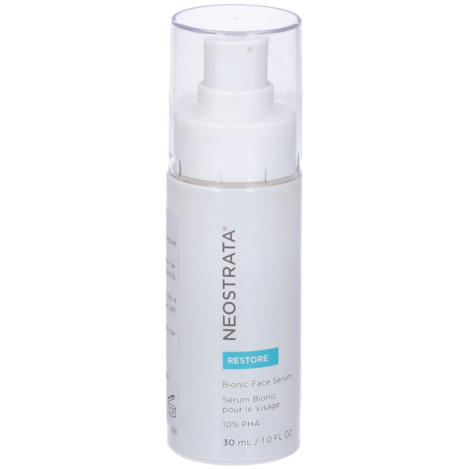 Flacone bianco con pompa e tappo trasparente. Scritta: NeoStrata, Restore, Bionic Face Serum, 10% PHA, 30 ml/1.0 FL OZ.