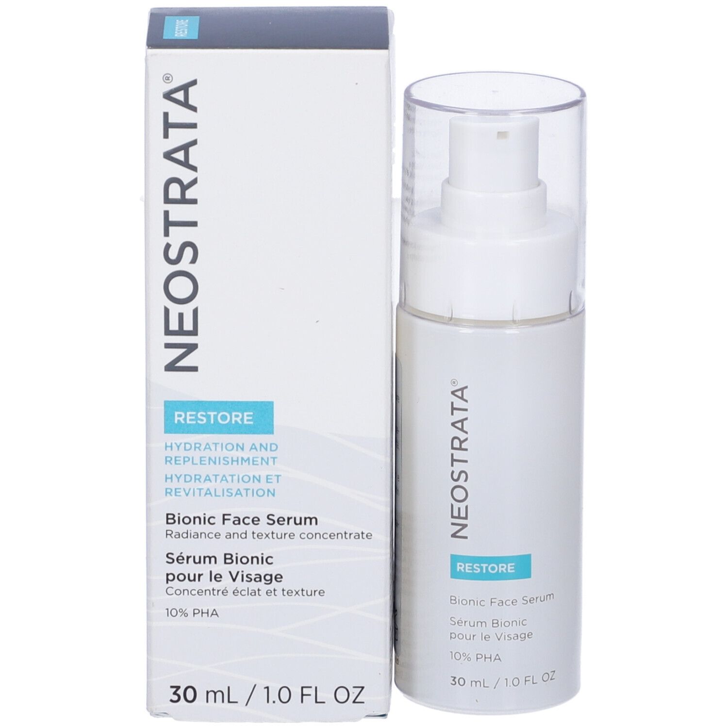 Confezione del prodotto con flacone e scatola. Scritta: NeoStrata, Restore, Bionic Face Serum, 10% PHA, 30 ml/1.0 FL OZ.