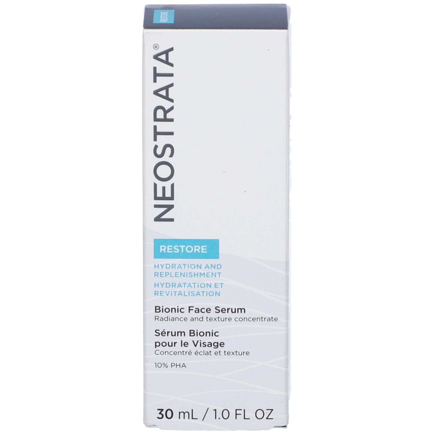 Confezione del prodotto, scatola. Scritta: NeoStrata, Restore, Bionic Face Serum, 10% PHA, 30 ml/1.0 FL OZ.