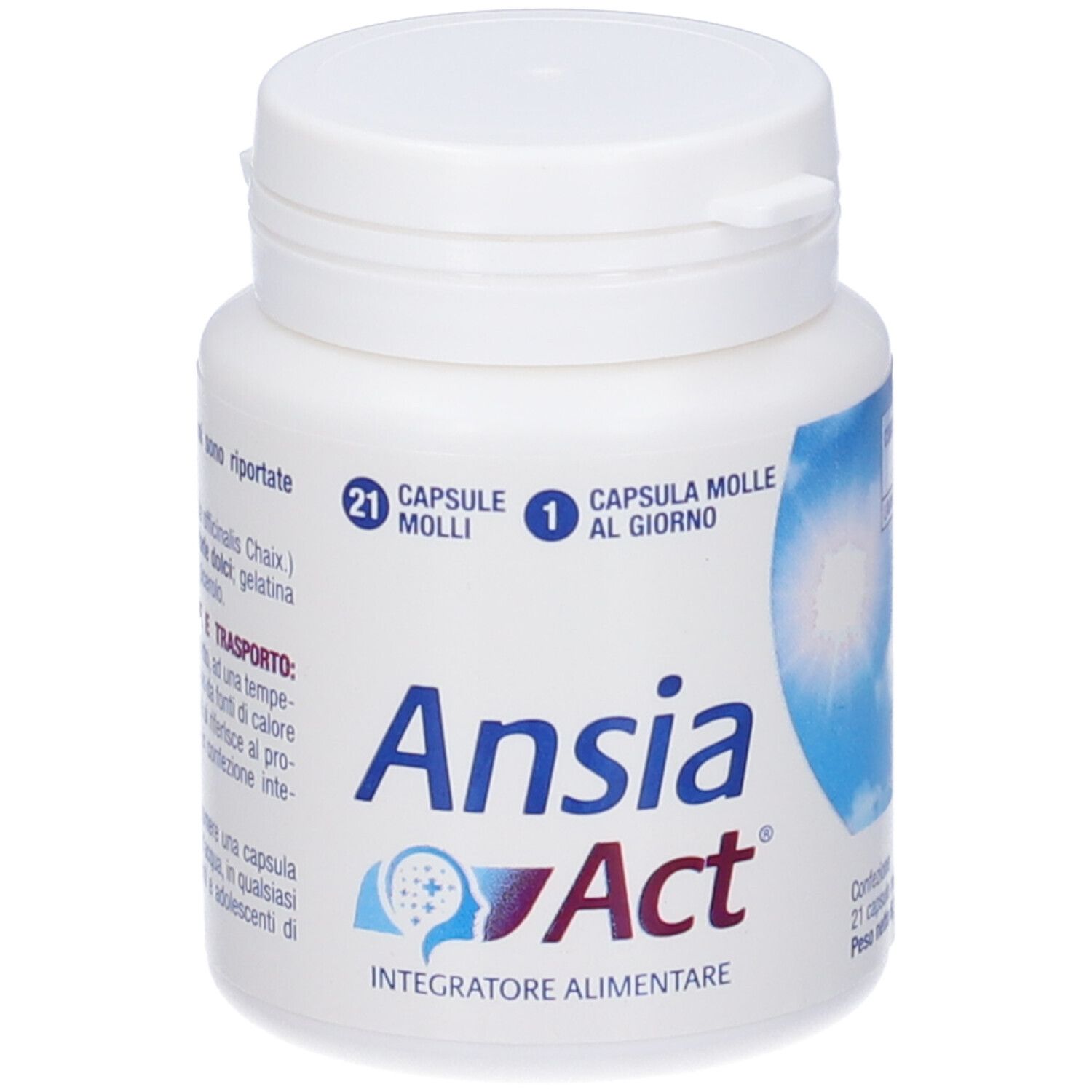 Flacone bianco con tappo a vite. Scritta: Ansia Act, 21 capsule. Grafica blu e viola.