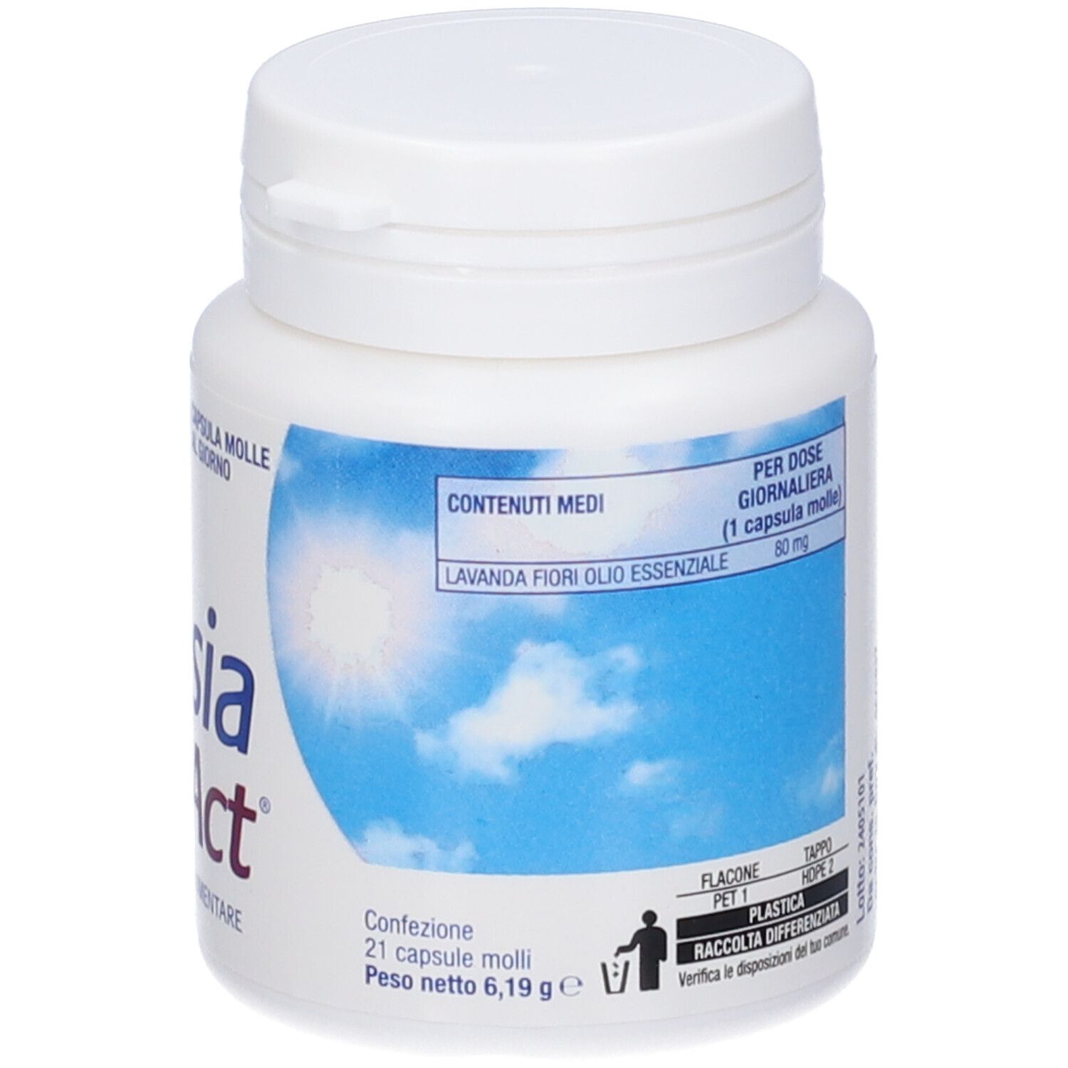 Flacone bianco con tappo a vite. Testo: ingredienti, dosaggio, 21 capsule, peso netto.