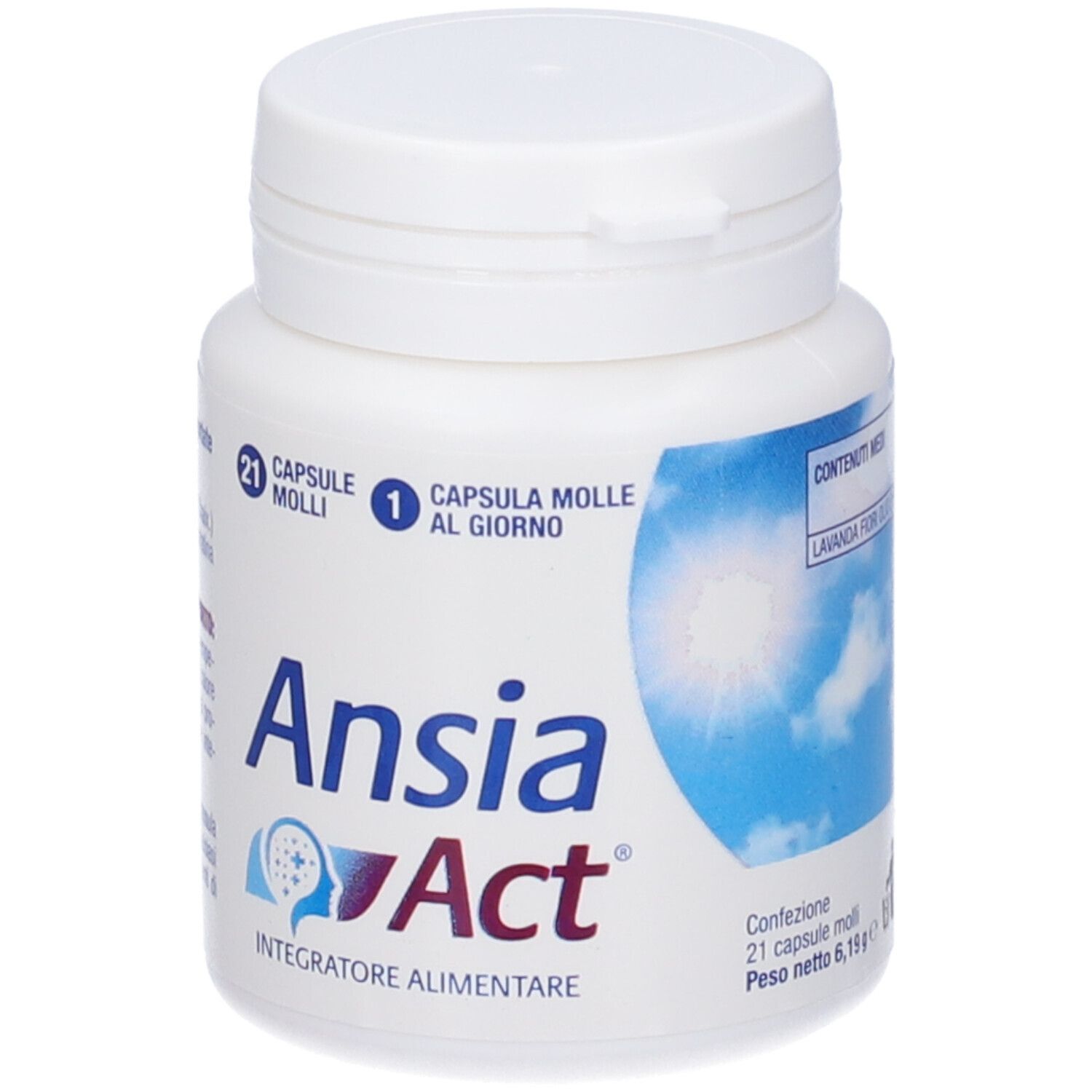 Flacone bianco con tappo a vite. Scritta: Ansia Act, 21 capsule. Grafica blu e viola.