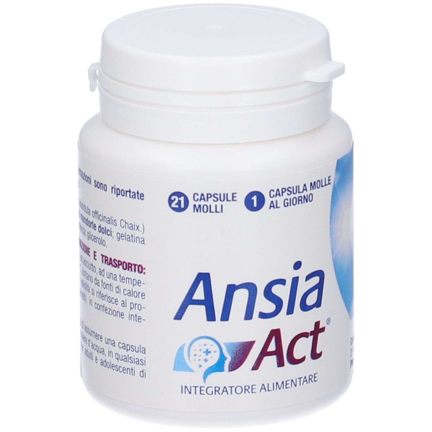 Flacone bianco con tappo a vite. Scritta: Ansia Act, 21 capsule. Grafica blu e viola.