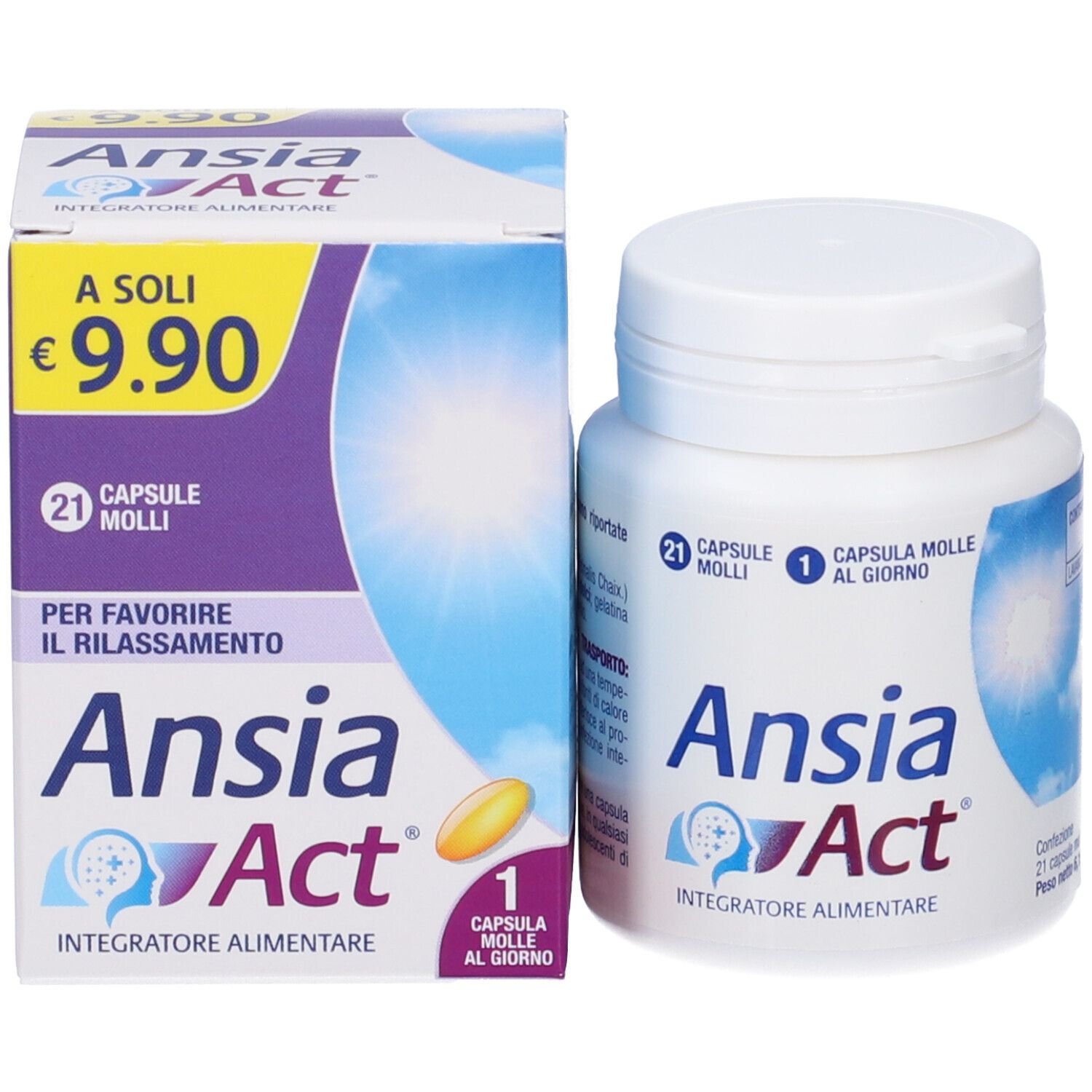 Flacone bianco e scatola. Scritta: Ansia Act, 21 capsule. Prezzo: 9,90 €. Capsula gialla.