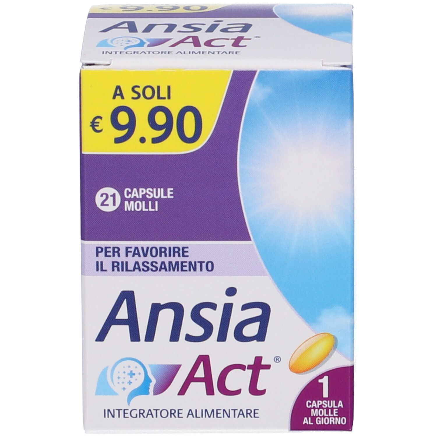 Scatola. Scritta: Ansia Act, 21 capsule. Prezzo: 9,90 €. Capsula gialla.