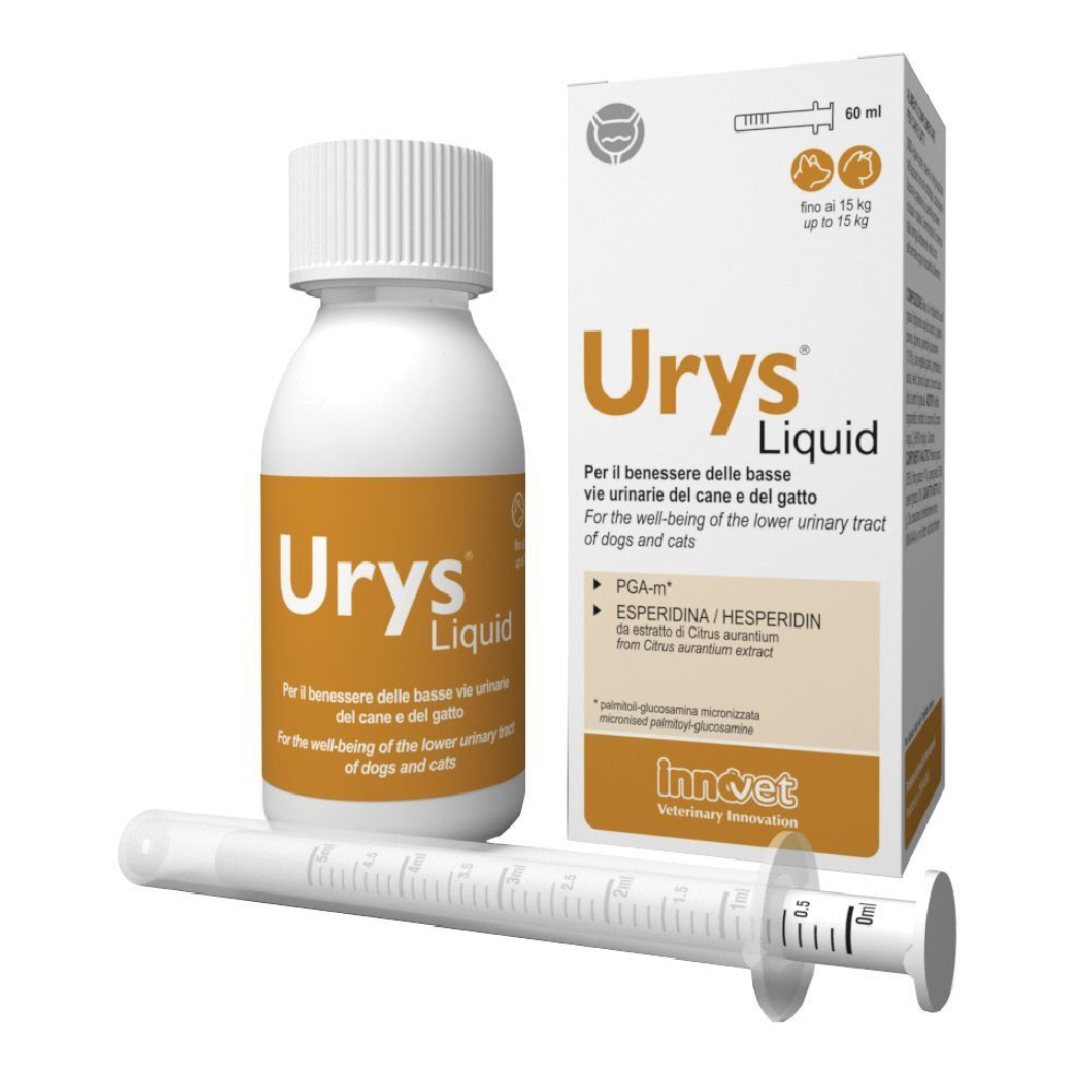Flacone e confezione di Urys Liquid. Include una siringa. Per cani e gatti. Ingredienti e dosaggio sulla confezione.