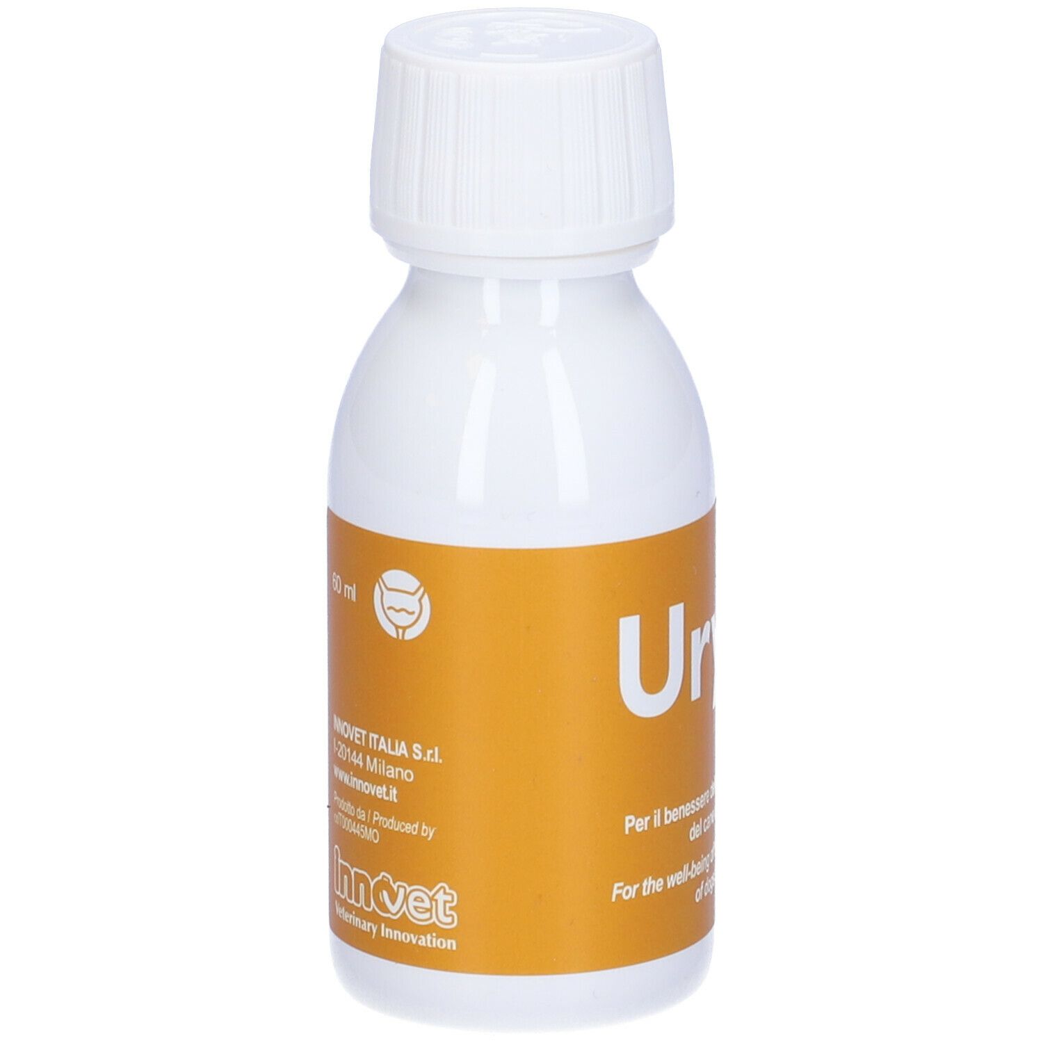 Flacone di Urys Liquid. Bottiglia bianca con etichetta gialla. Per cani e gatti. Nome del prodotto e informazioni sull'etichetta.