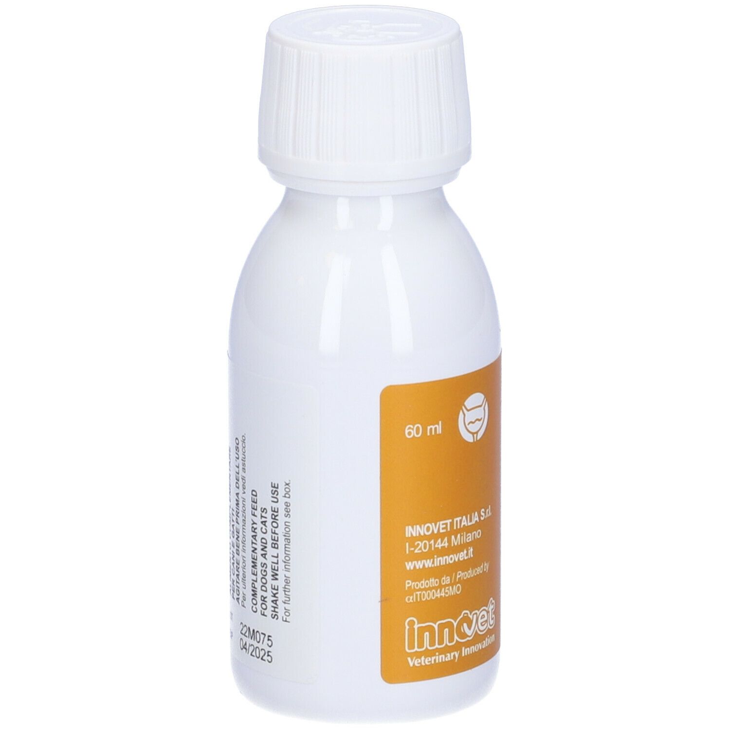 Flacone di Urys Liquid. Bottiglia bianca con etichetta gialla. 60 ml. Per cani e gatti. Informazioni sull'etichetta.