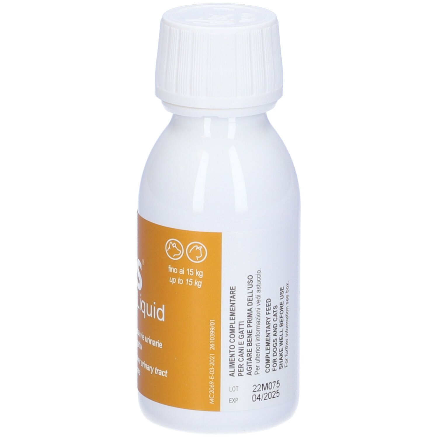 Flacone di Urys Liquid. Bottiglia bianca con etichetta gialla. 60 ml. Per cani e gatti. Informazioni sull'etichetta.
