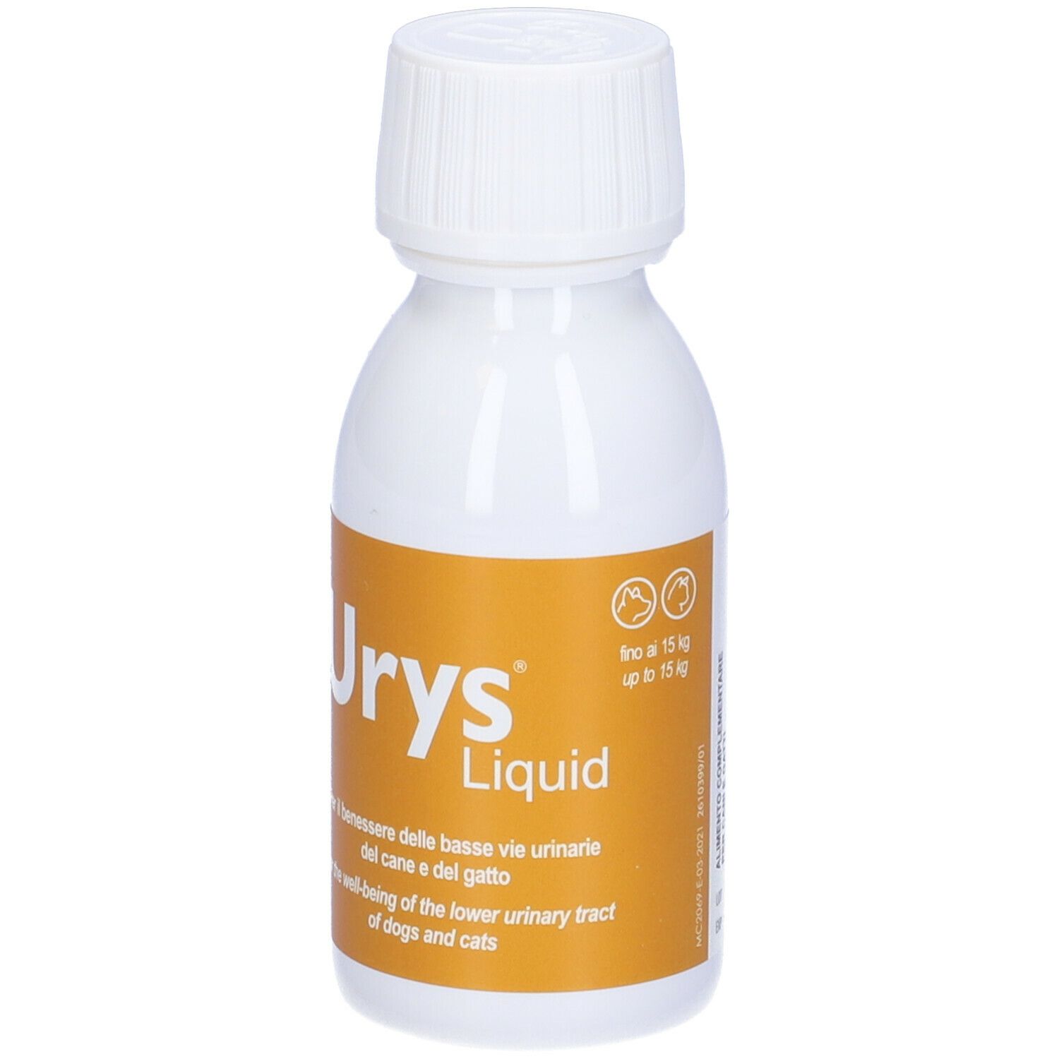 Flacone di Urys Liquid. Bottiglia bianca con etichetta gialla. Per cani e gatti. Informazioni sull'etichetta.