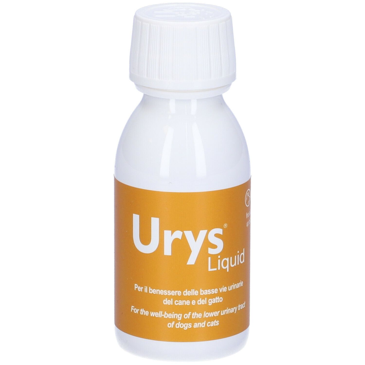 Flacone di Urys Liquid. Bottiglia bianca con etichetta gialla. Per cani e gatti. Informazioni sull'etichetta.