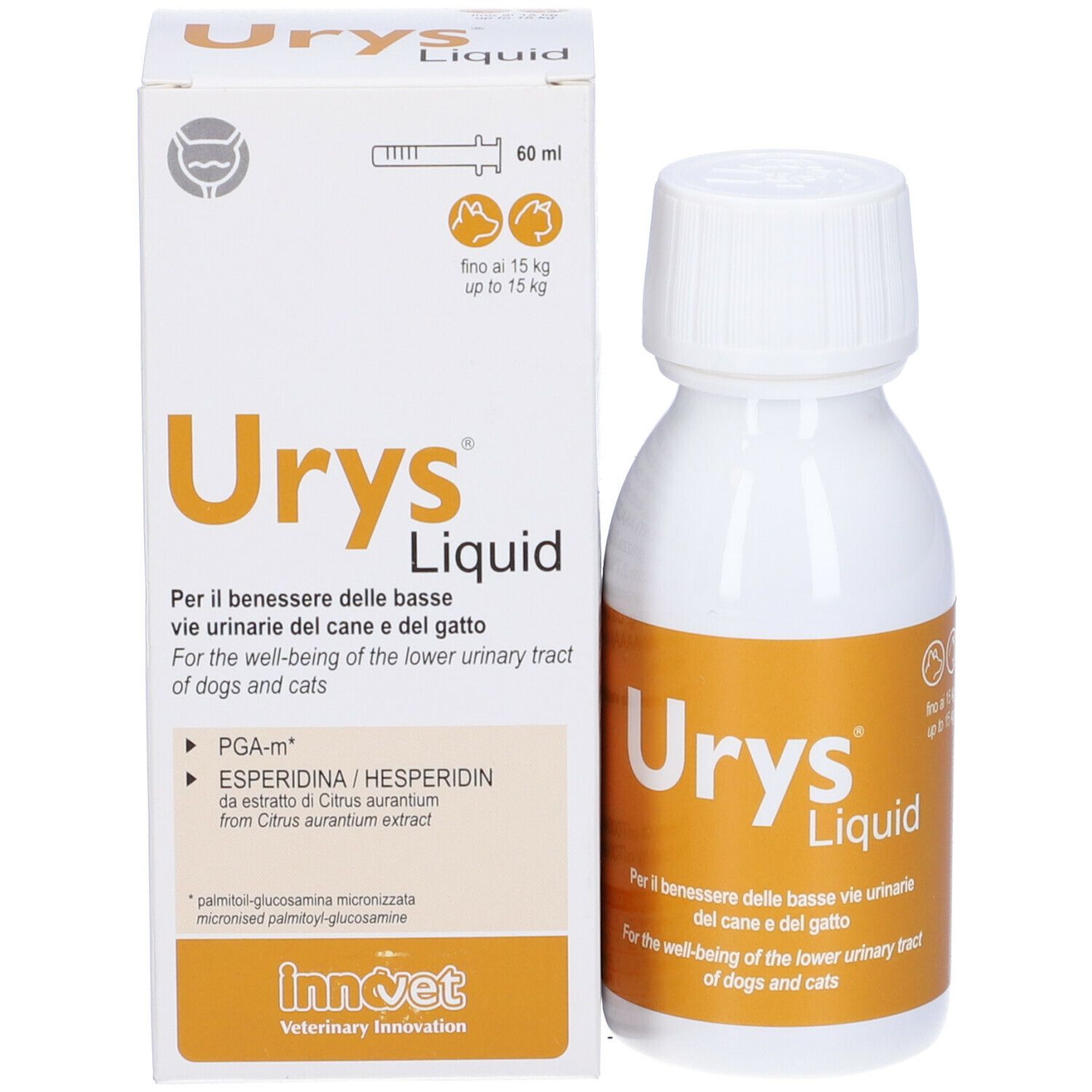 Flacone e confezione di Urys Liquid. Per cani e gatti. Ingredienti e dosaggio sulla confezione. 60 ml.