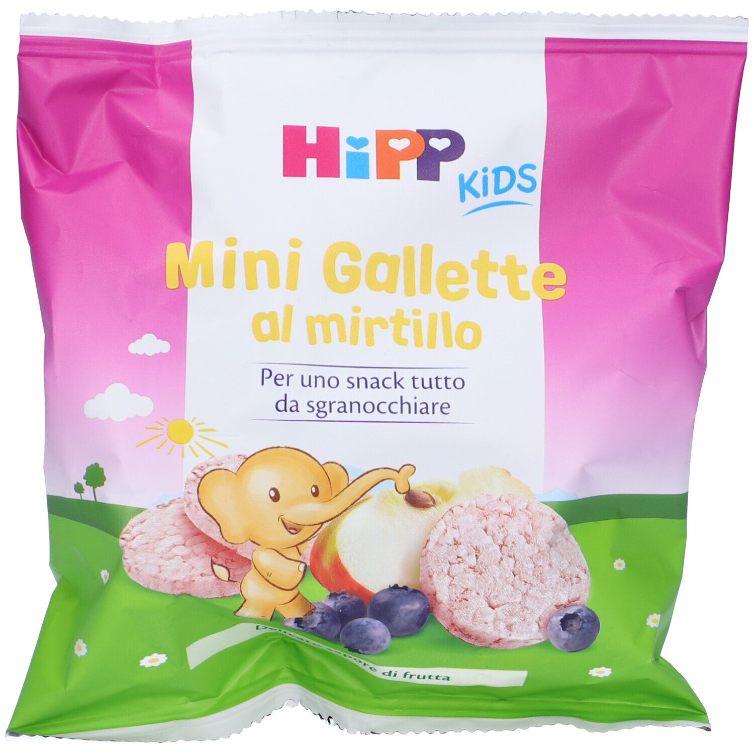 Confezione rosa e bianca con nome del prodotto e illustrazioni. Contiene gallette di riso ai mirtilli. Marchio Hipp Kids.