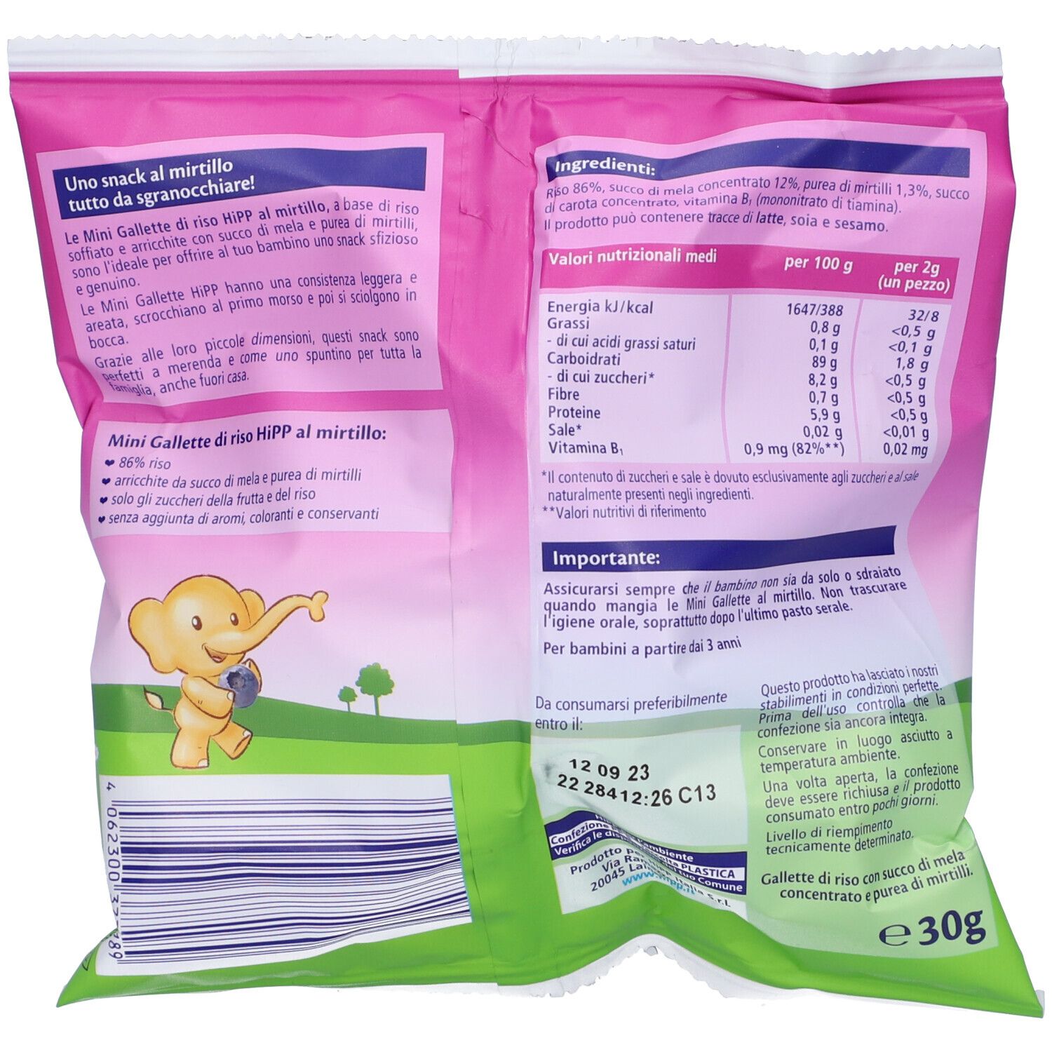Retro della confezione con testo e informazioni nutrizionali. Contiene informazioni sugli ingredienti e i valori nutrizionali per porzione.