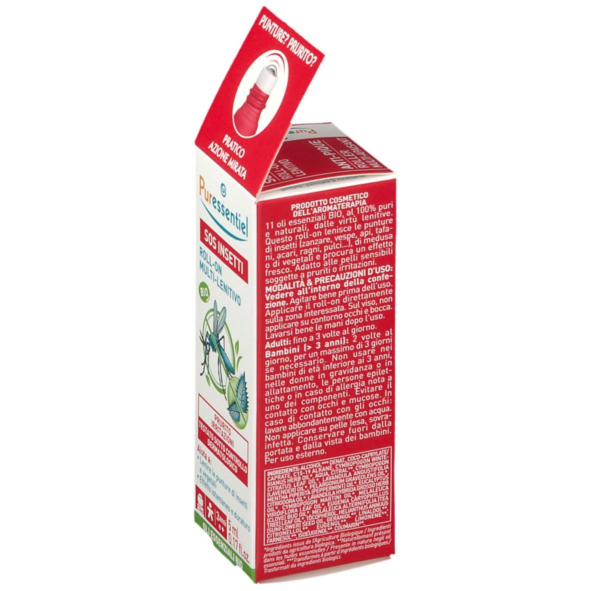 Confezione prodotto. SOS Insetti Roller Multi-Lenitivo BIO. Contiene 5 ml. Con applicatore roll-on. Testo sul retro.
