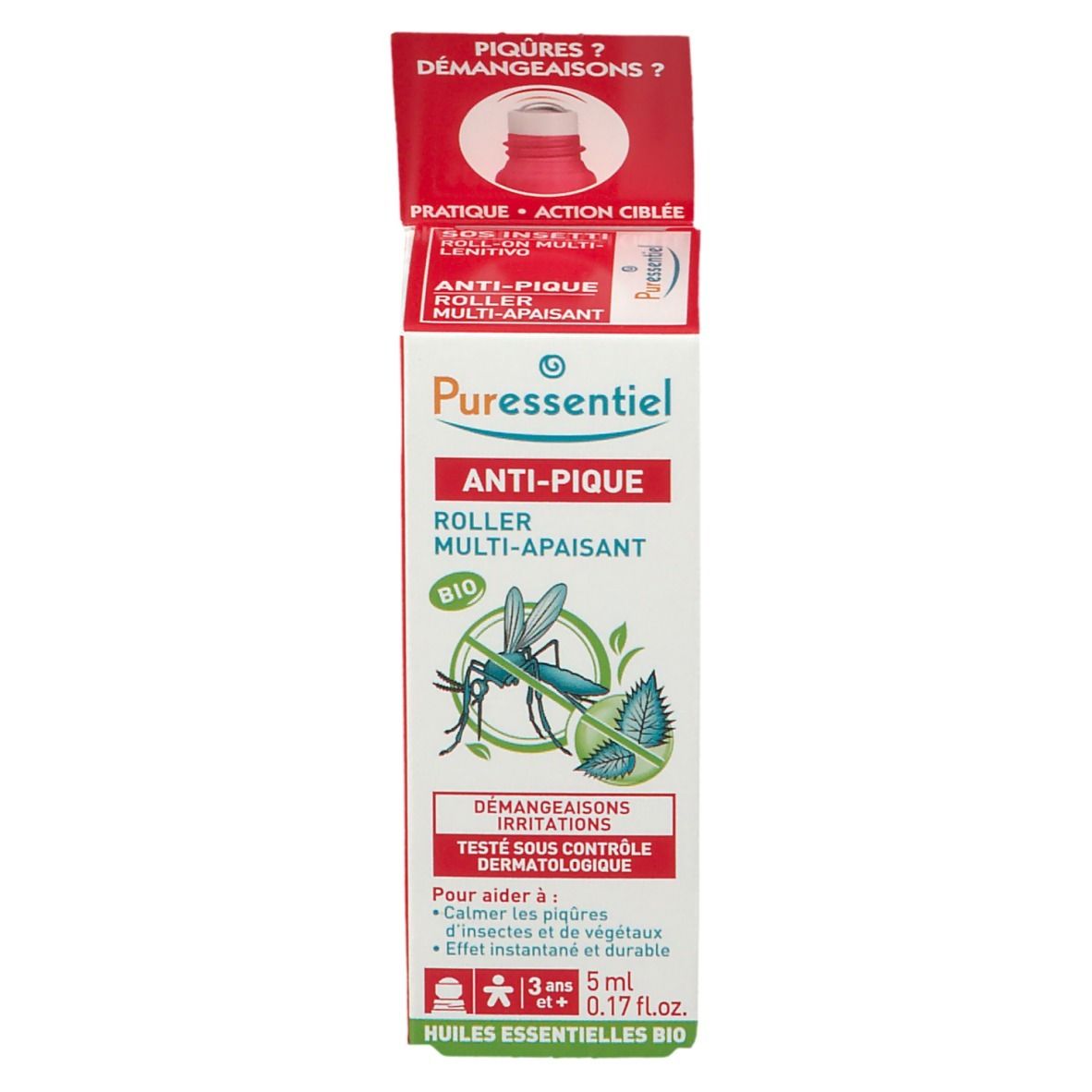 Confezione prodotto. Anti-Pique Roller Multi-Apaisant. Contiene 5 ml. Con applicatore roll-on.