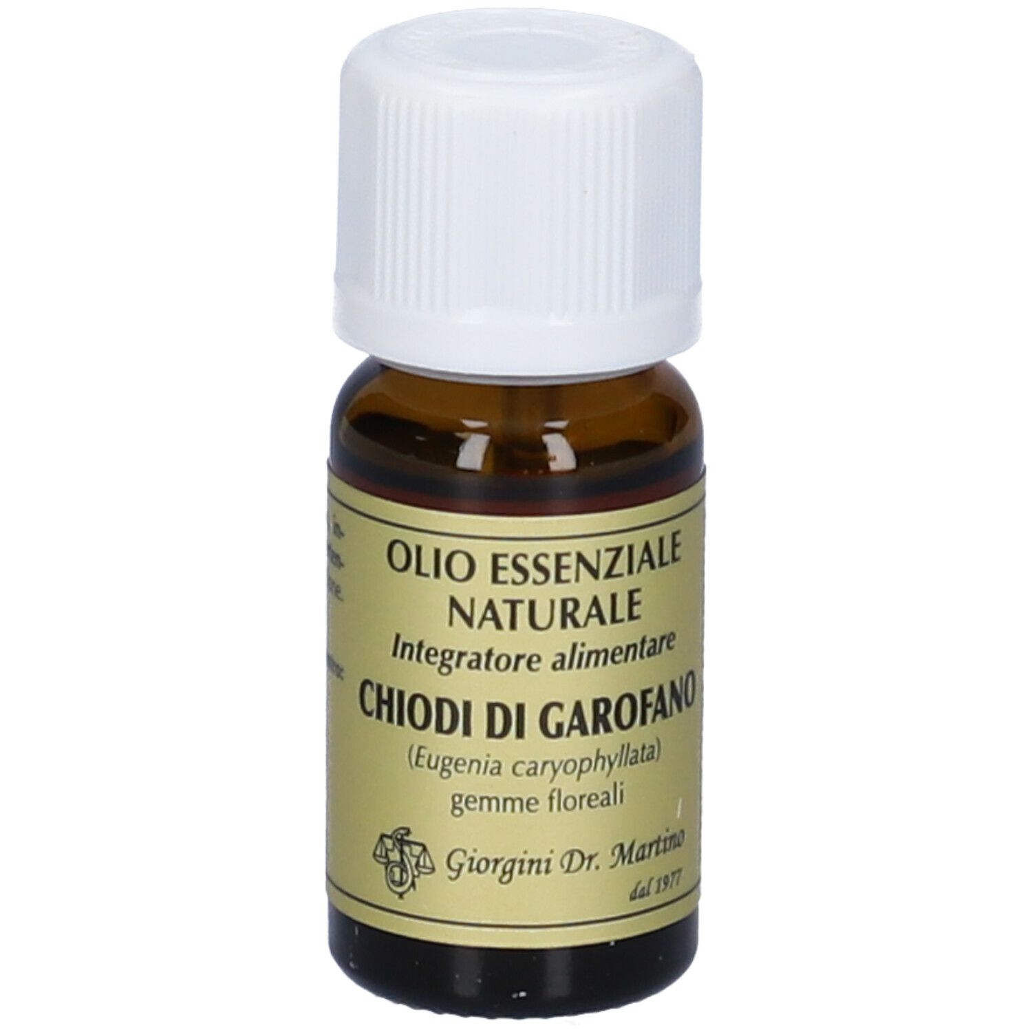 Flacone di vetro marrone con tappo bianco. Scritta: Olio Essenziale Naturale, Chiodi di Garofano. Etichetta con logo.