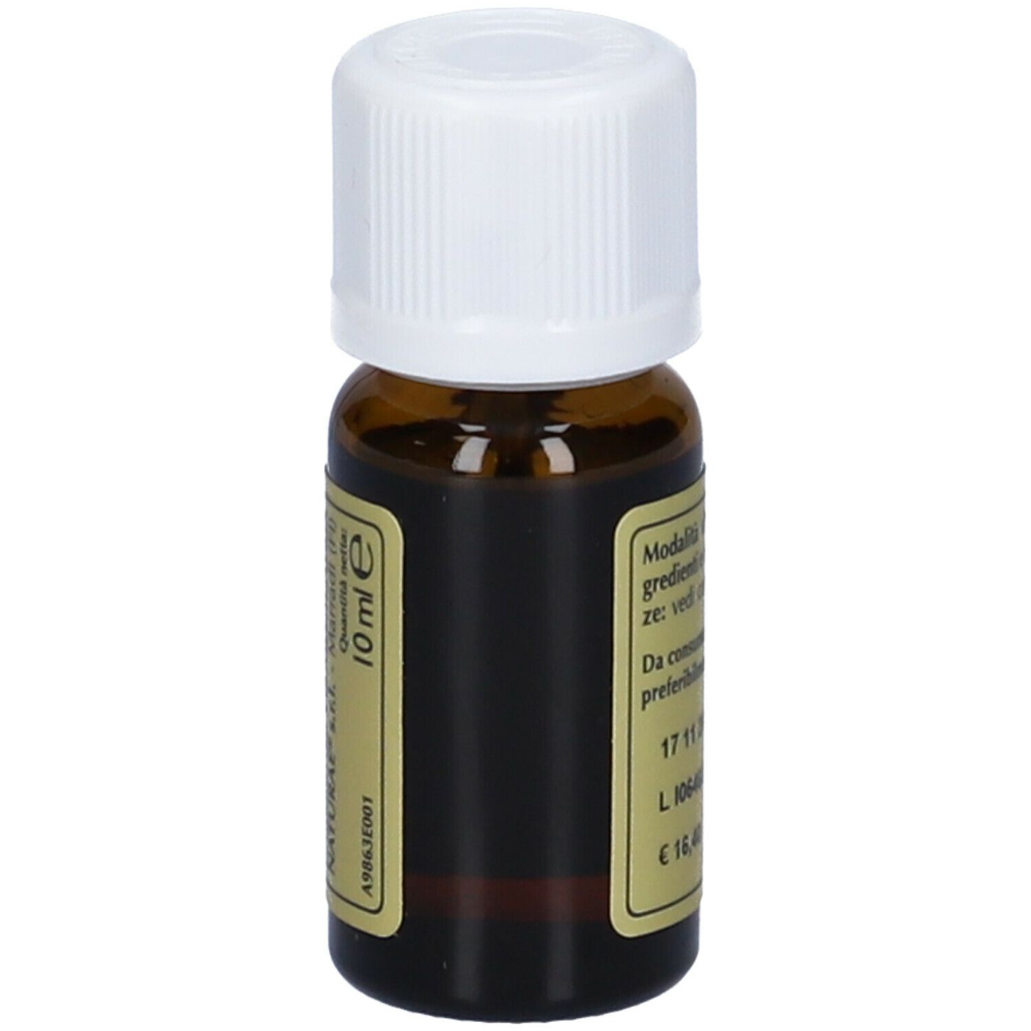 Flacone di vetro marrone con tappo bianco. Scritta: Olio Essenziale Naturale, Chiodi di Garofano. Etichetta con volume di 10 ml.