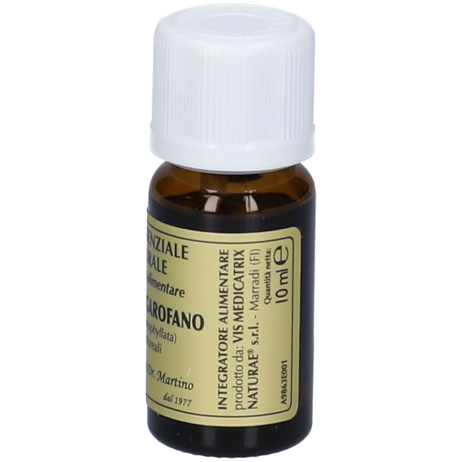 Flacone di vetro marrone con tappo bianco. Scritta: Olio Essenziale Naturale, Chiodi di Garofano. Etichetta con volume di 10 ml.