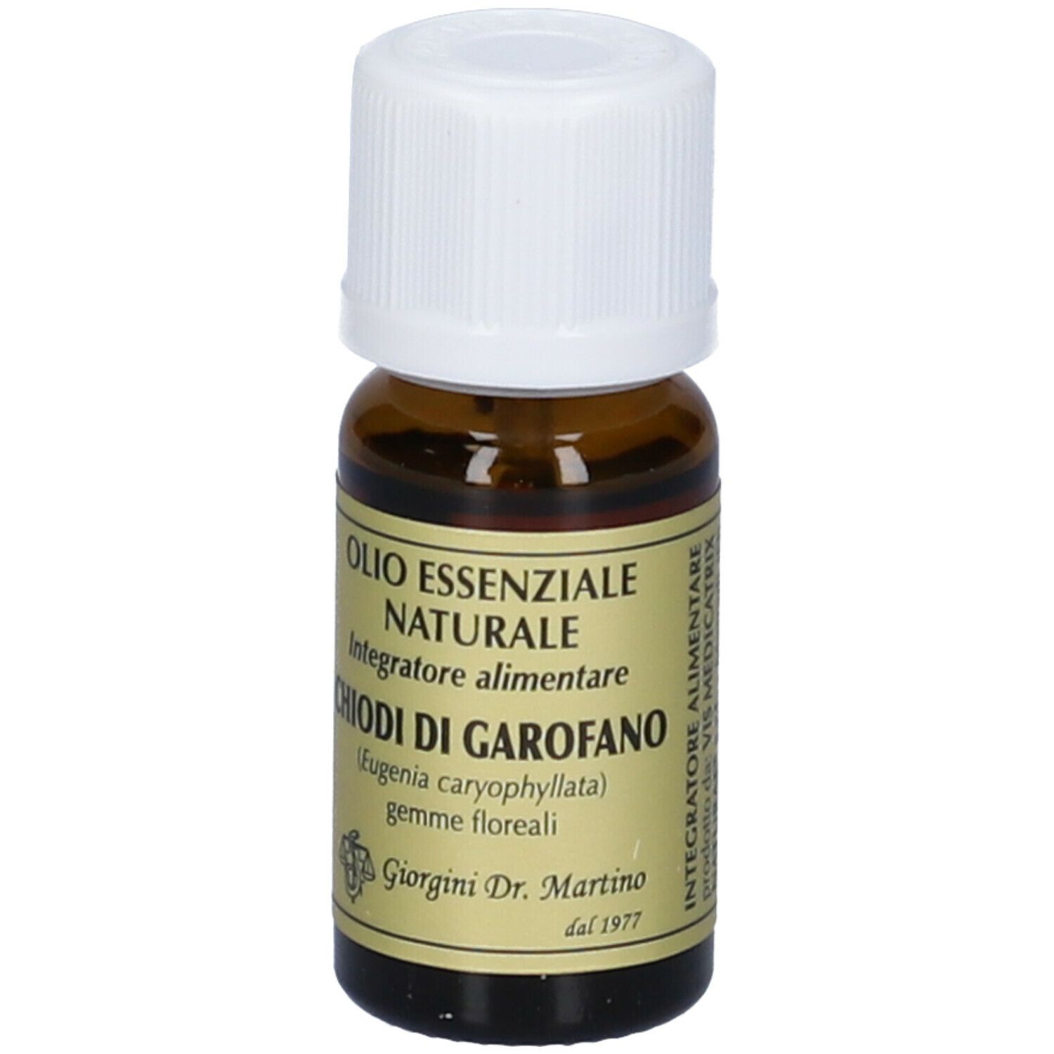 Flacone di vetro marrone con tappo bianco. Scritta: Olio Essenziale Naturale, Chiodi di Garofano. Etichetta con volume di 10 ml.