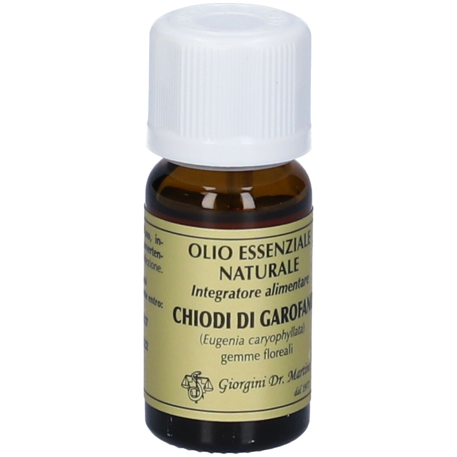 Flacone di vetro marrone con tappo bianco. Scritta: Olio Essenziale Naturale, Chiodi di Garofano. Etichetta con volume di 10 ml.