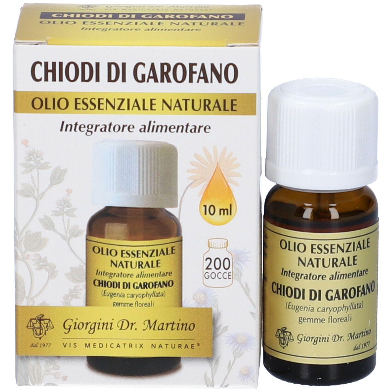 Flacone di vetro marrone con tappo bianco e confezione. Scritta: Chiodi di Garofano, Olio Essenziale Naturale. Volume: 10 ml.